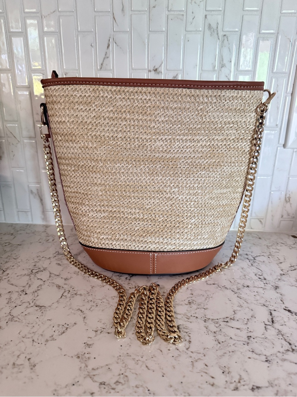 Stella & Dot Woven Straw Raffia Bucket Bag Gold Chain Crossbody “NWOT”